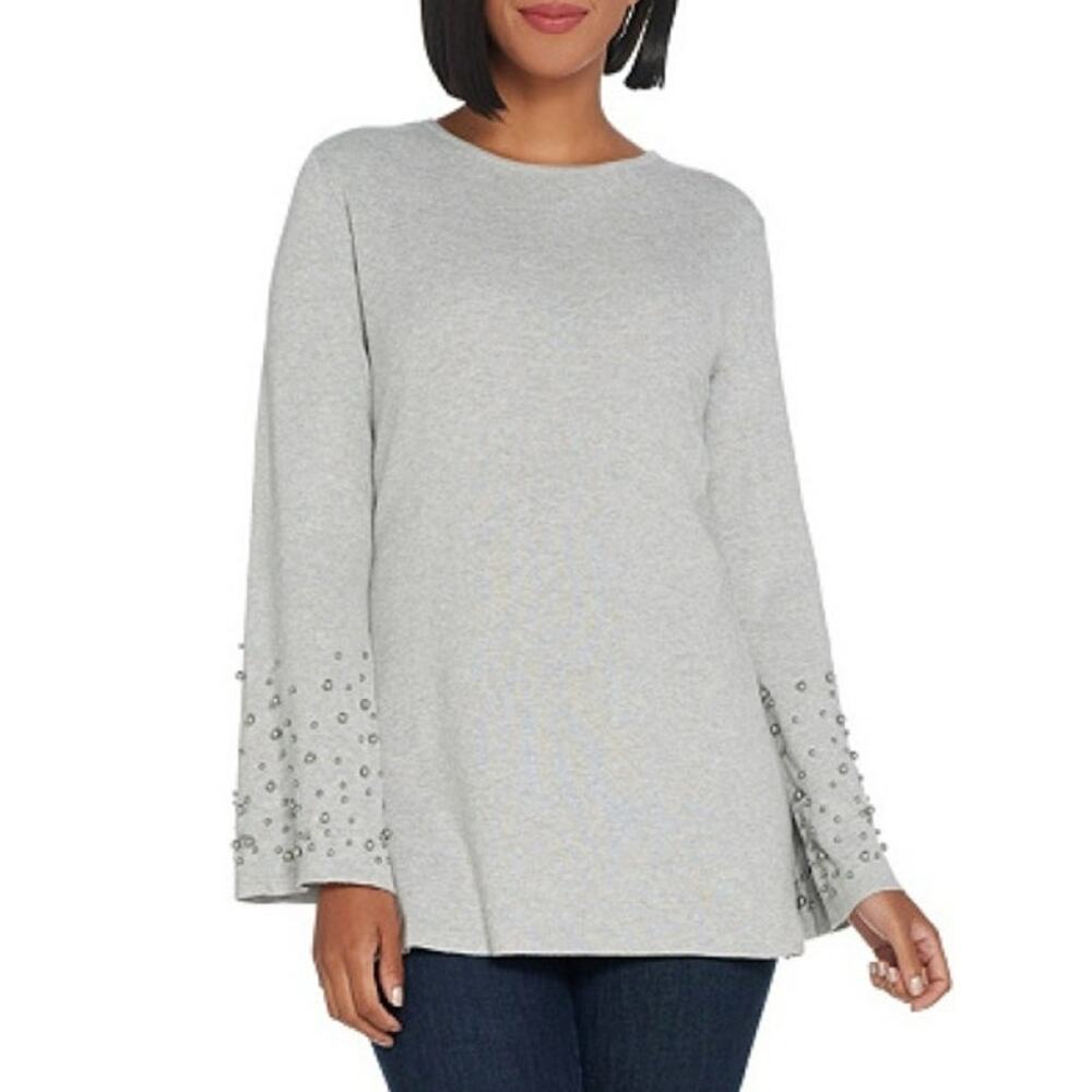 WHISPER KNIT BY LOUIS DELL'OLIO Sweater Size 2X Gray Bead Detail Bell Sleeves